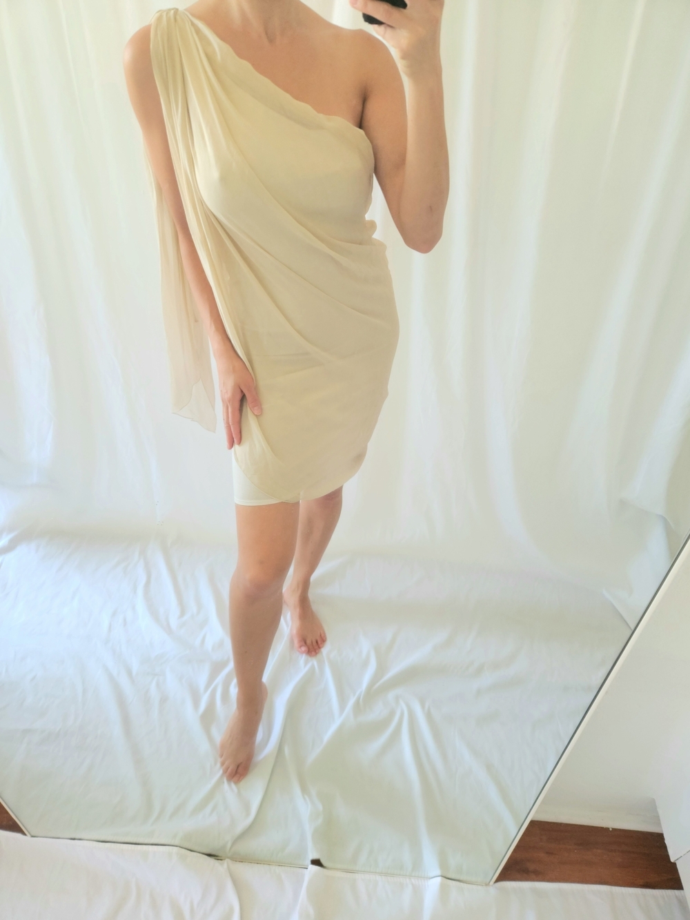 One-Shoulder Silk Cream Drape Dress